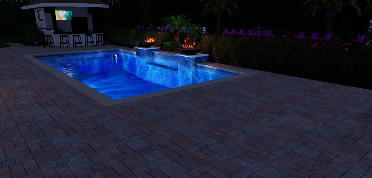 pool side patio at night, simulation