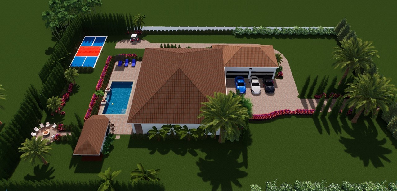bird's eye view of house from side, simulation